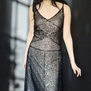 PAPELL BOUTIQUE Evening 100% Silk Black Beaded Fully Lined Dress Size 12